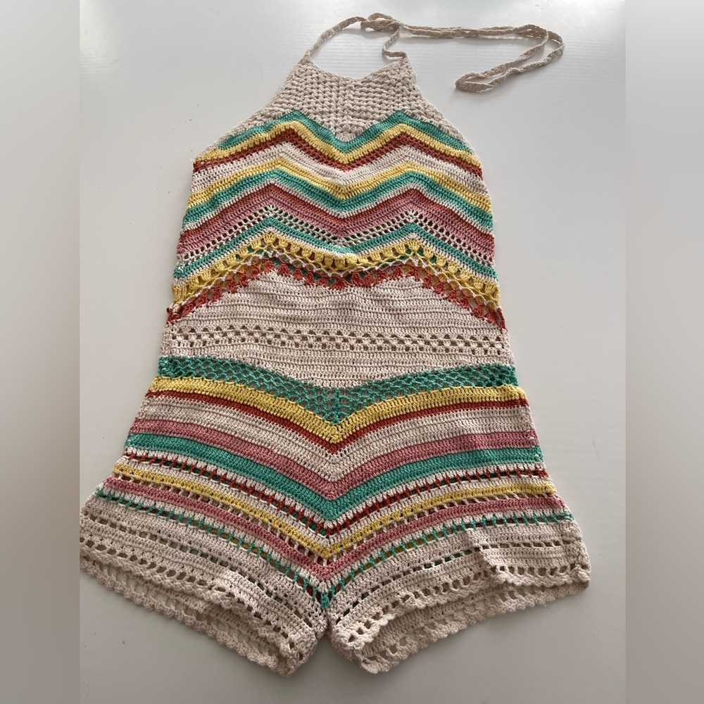 Striped Crochet Halter Romper cotton Pastel S - Picture 5 of 14
